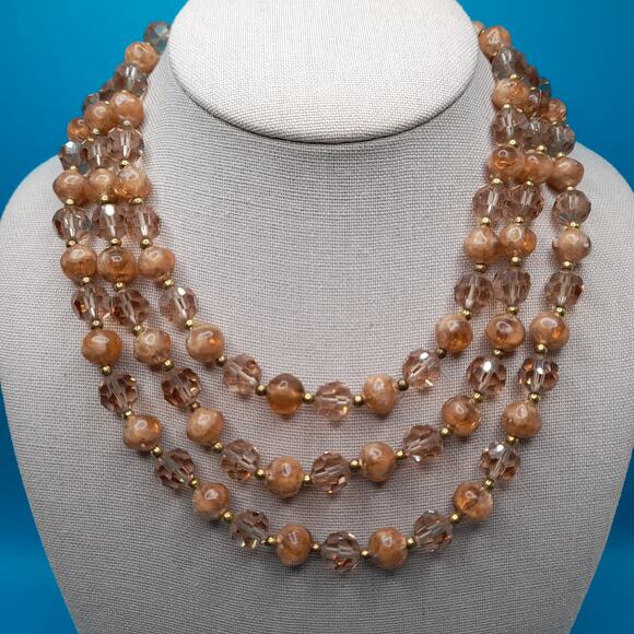 Vintage Lisner Topaz Beaded Necklace, 3 Strands, Crystal Lucite Beads, 17", 1950 - Picture 2 of 10